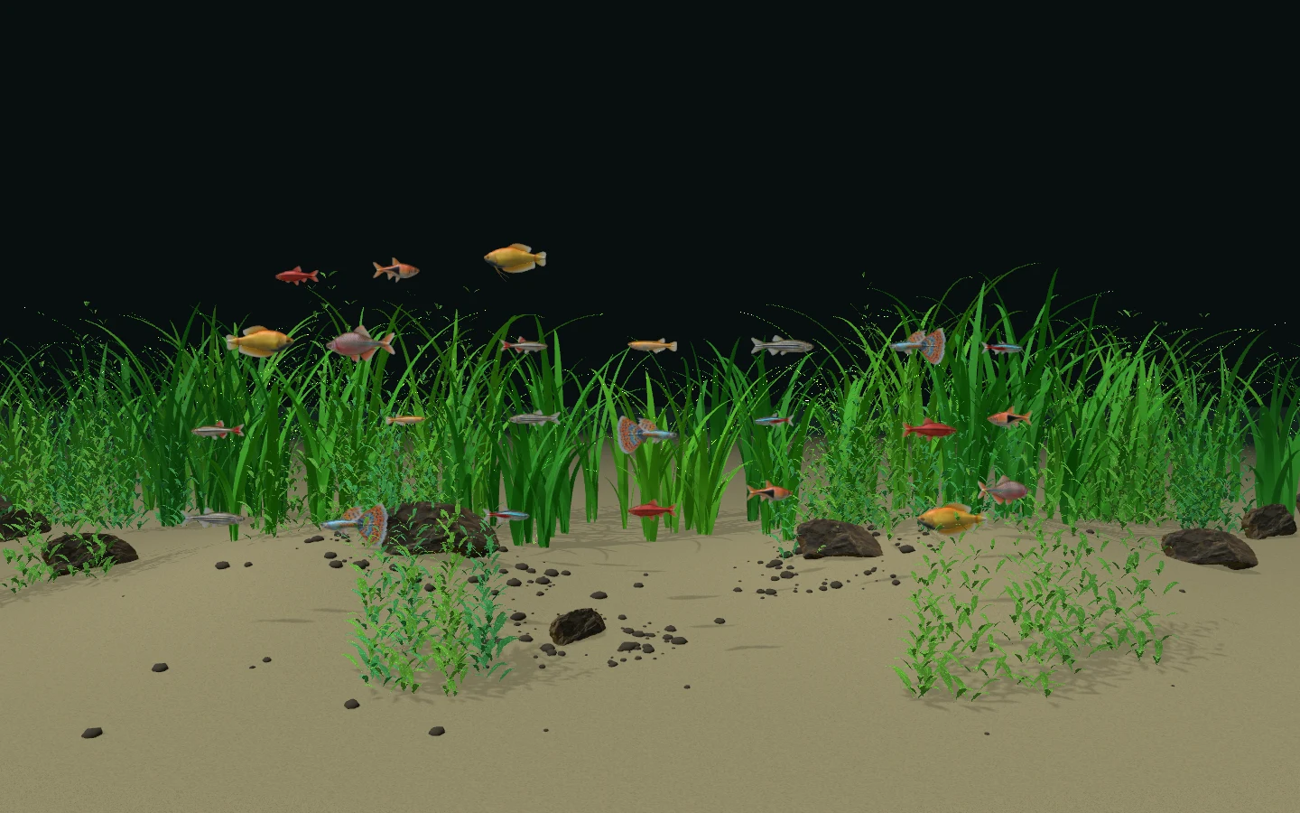 Aquarium in-app render with nine fish species, green aquatic plants, rocks and a sculpted sand bed.
