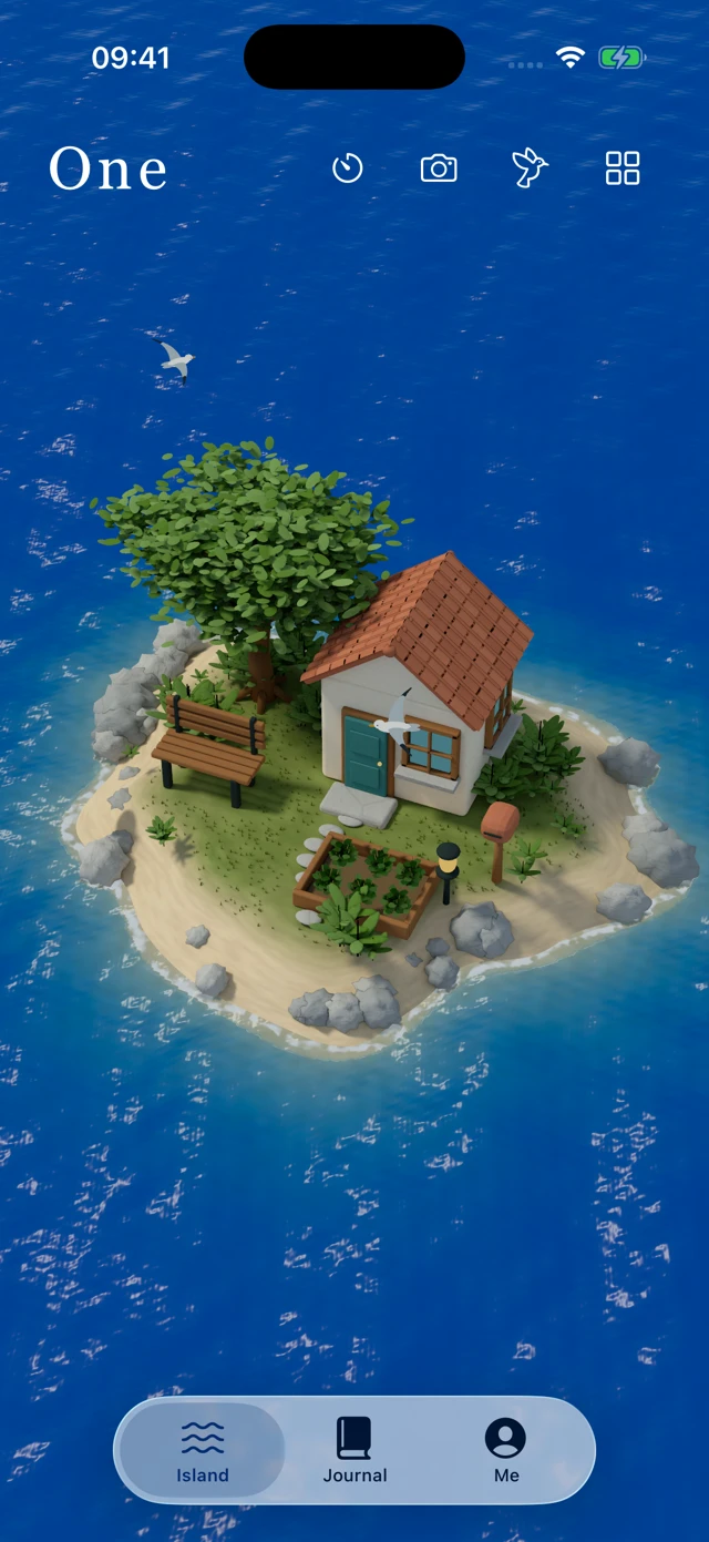 One Island showing a small island home, trees and a sandy shore surrounded by the sea.